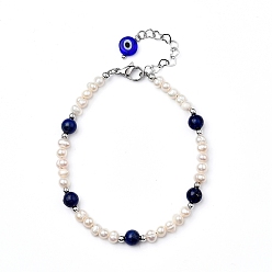 Lapis Lazuli Natural Lapis Lazuli(Dyed) Beaded Bracelets, with Evil Eye Lampwork Beads, Natural Pearl Beads, Brass Beads and 304 Stainless Steel Lobster Claw Clasps, 7-7/8 inch(20cm)