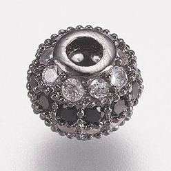 Gunmetal Brass Micro Pave Cubic Zirconia Beads, Round, Black, Gunmetal, 6mm, Hole: 1.5mm