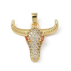 Настоящее золото 18K Латунные микро проложить кубического циркония подвески, очарование крупного рогатого скота, реальный 18 k позолоченный, 18x21x6 мм, отверстие : 4x2.5 мм