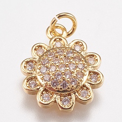 Golden Brass Micro Pave Cubic Zirconia Charms, Cadmium Free & Lead Free, Flower, Golden, 14x11.5x3mm, Hole: 2mm