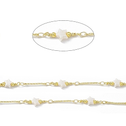 Real 18K Gold Plated Handmade Brass Bar Link Chains, with ABS Imitation Pearl Star Beaded, Soldered, with Spool, Real 18K Gold Plated, Link: 15.5x1mm, Star Link: 6x18x3mm