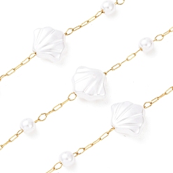 Золотой 304 Цепи из нержавеющей стали и АБС-пластика с круглыми и ракушечными бусинами, ионное покрытие (ip), пайки, с катушкой, золотые, 9.5x10.5x4.5 мм