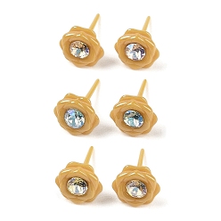 (932FM) Темно-синий аква-матовый с подкладкой Гипоаллергенные серьги-гвоздики из биокерамики с цирконием и керамикой, со стразами, не выцветает и не содержит никеля, цветок, темно-золотистые, 9x9 мм