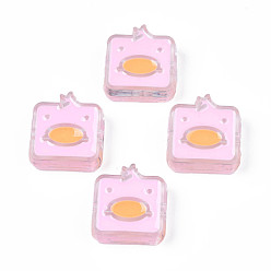 Pearl Pink Transparent Acrylic Beads, with Enamel, Square with Duck, Pearl Pink, 24x23x8mm, Hole: 3mm