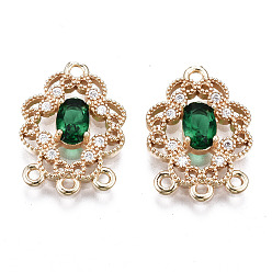 Green Brass Micro Pave Clear Cubic Zirconia Chandelier Component Links, with Glass, Light Gold, Long-Lasting Plated, Cadmium Free & Lead Free, Flower, Green, 18x12.5x3mm, Hole: 1.2mm