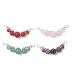 Серебро 4шт. 4 стили: круглые подвески-коннекторы из натурального тигрового глаза, розового кварца, карнеола и аметиста, Соединительные элементы в форме горошины, обмотанные медной проволокой., смешанные окрашенные и неокрашенные, разноцветные, серебряные, 18~19x51x10 мм, отверстия : 4x2 mm и 1.8 мм, 1 шт / стиль