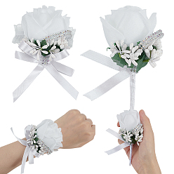 Белый 2 шт. 2 стили бутоньерка из искусственной розы из полиэстера и смолы, со стразами и железной булавкой на лацкан, для украшения свадебной вечеринки, белые, 120x80~95 мм, 1 шт / стиль