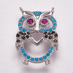 Platinum Brass Micro Pave Cubic Zirconia Pendants, Owl, Platinum, 20.5x13.5x3mm, Hole: 1mm
