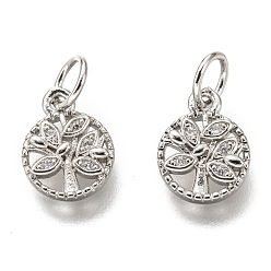 Платина Латунные микропаве прозрачные кубические циркониевые подвески, без кадмия и без свинца, долговечный, плоские круглые с деревом, платина, 10x8x2 мм, отверстие : 3 мм