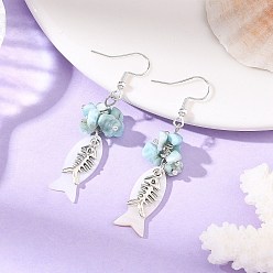 Color mezclado Pendientes colgantes de aleación de concha para mujer, pescado, con cuentas de virutas de larimar natural, color mezclado, 55x10 mm
