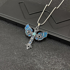 Light Sky Blue Alloy Enamel Cross with Angel Wings Pendant Necklaces for Women, Platinum, Light Sky Blue, 23.62 inch(60cm)