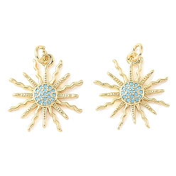 Real 18K Gold Plated Brass Micro Pave Sky Blue Cubic Zirconia Pendants, Sun Charms, Rack Plating, Long-Lasting Plated, Cadmium Free & Lead Free, Real 18K Gold Plated, 22x21x2.5mm, Hole: 3.5mm