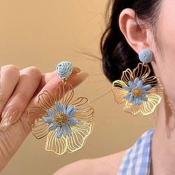 Light Sky Blue Raffia Wire Floral Dangle Earrings, Golden Tone Hollow Alloy Outline Large Flower Stud Earrings for Women, Light Sky Blue, 70mm