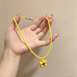 Gold Summer Acrylic Flower Pendant Beaded Necklaces for Women, Gold, 15.75 inch(40cm)