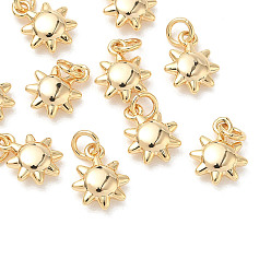Real 18K Gold Plated SHEGRACE Brass Charms, Sun Charms, Cadmium Free & Nickel Free & Lead Free, Real 18K Gold Plated, 10x8x3mm, Hole: 2.5mm