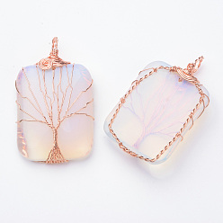 Опал Opalite большие подвески, с фурнитурой латуни розового золота тон, прямоугольник с деревом жизни, 52.5x30x8.5 мм, отверстие : 4.5 мм