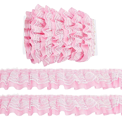 Pink 5M Double-Layer Pleated Polyester Chiffon Lace Trim, for Costume Decoration, with 1Pc Display Cards, Pink, 2 inch(50mm)
