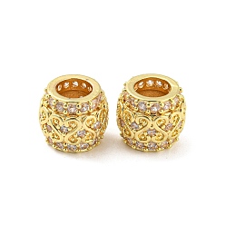Golden Brass Micro Pave Cubic Zirconia European Beads, Large Hole Beads, Long-Lasting Plated, Lead Free & Cadmium Free, Barrel with Heart, Golden, 9.5x8mm, Hole: 5mm