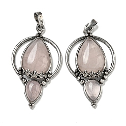 Cuarzo Rosa Natural aumentó colgante cuarzo, dijes en forma de lágrima de latón chapado en estante, plata antigua, sin plomo y cadmio, 49.5x28x7 mm, agujero: 8x5 mm
