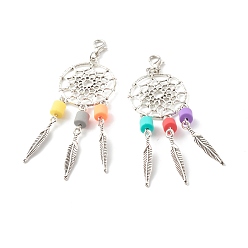 Colorful Tibetan Style Alloy Big Pendants, Woven Net/Web with Feather & Handmade Polymer Clay Beads, with Lobster Claw Clasps, Colorful, 85x28mm