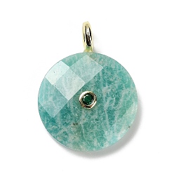Амазонит Граненые подвески из натурального амазонита, плоские круглые прелести, с покрытием из золотистой латуни с микропаве из кубических цирконий, 32.5~33x25~25.5x7~7.5 мм, отверстие : 4 мм