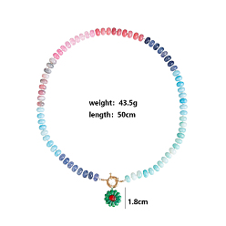 Verde Colgante de flor de vidrio soplado a mano, collares de cuentas de vidrio arcoíris con forma de rondel y cierres de anillo de resorte de latón., dorado, verde, 19.69 pulgada (50 cm), colgante: 18 mm