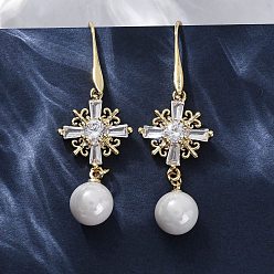 Настоящее золото 18K Серьги-гвоздики с цирконом из латуни, с ABS имитации жемчуга, стойки покрытие, долговечный, без свинца и без кадмия, крестик, реальный 18 k позолоченный, 55x17 мм