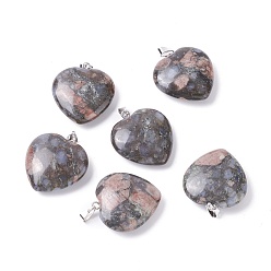 Glaucophane Подвески из натурального глаукофана, с латунной фурнитурой платинового цвета, сердце, 27~28x24.5~26x6~8.5 мм, отверстие : 2.4x5.6 мм