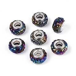 Синий Непрозрачная смола европейский бисер, бусины с большим отверстием, рондель с латунными сердечниками, покрытыми серебром, синие, 13.5~14x8.2~9 мм, отверстие : 5 мм