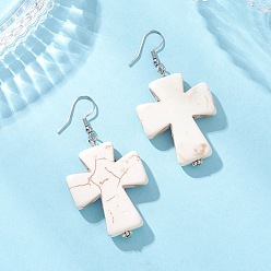 Нержавеющая Сталь Цвет Серьги-подвески из синтетического магнезита, крестик, с фурнитурой для сережек из сплава и железа в тибетском стиле и нержавеющей стали, цвет нержавеющей стали, 304 мм