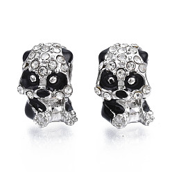 Schwarz Gestell Legierung Emaille europäischen Perlen, Großloch perlen, mit Strass-Kristall, Cadmiumfrei und Nickel frei und Bleifrei, Panda, Platin Farbe, Schwarz, 12x8x9.5 mm, Bohrung: 4.5 mm