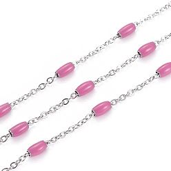 Фламинго 304 кабельные цепи из нержавеющей стали, с эмалевыми овальными бусинами, пайки, с катушкой, Плоско-овальные, цвет нержавеющей стали, фламинго, 5x2.5 мм, ссылка: 2x1.6x0.3 mm, около 32.8 футов (10 м) / рулон