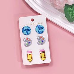 Mixed Color 3 Pairs Acrylic Stud Earrings, Mixed Shapes, with Glitter Powder, Mixed Color, 15mm
