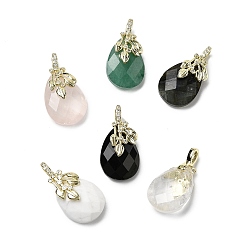 Смешанные камни Подвески в форме капли из натуральных смешанных драгоценных камней, с латунной микропаве с отделкой в виде листьев из прозрачного кубического циркония, золотые, стойки покрытие, 24.5~25x13.5x7.5~8.5 мм, отверстие : 3x4.5 мм