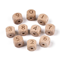 Number Гравированные бусины из бука, неокрашенными, кубические, число, 11.5~12x12~12.5x12~12.5 мм, отверстие : 3~4 мм