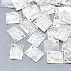 Seashell Color Natural White Shell Mother of Pearl Shell Pendants, Rectangle with Carved Virgin, Seashell Color, 15x12x2.5mm, Hole: 1.2mm