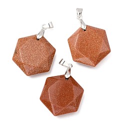 Goldstone Faceted Synthetic Goldstone Pendants, with Platinum Tone Brass Findings, Hexagon, 28x25x9mm, Hole: 4x5mm