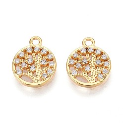 Настоящее золото 18K Латунные микро проложить кубического циркония прелести, плоский круглый и дерево жизни, долговечный, без никеля , реальный 18 k позолоченный, 12.5x10x2 мм, отверстие : 1.4 мм