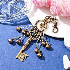 Античная Бронза Подвеска в виде головы кошки из сплава и латунного колокольчика и ключа, с поворотной застежкой, античная бронза, 145 мм