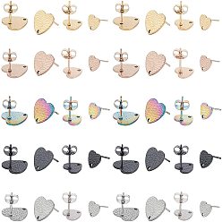 Mixed Color 40Pcs 10 Style PVD Vacuum Plating 304 Stainless Steel Stud Earring Findings, with Ear Nuts/Earring Backs and Hole, Textured Heart Shape with Fish Scale, Mixed Color, 4pcs/style