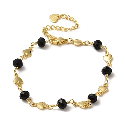 Light Gold Brass Heart Link Chain Bracelets, with Black Facetd Glass Beads, Light Gold, 10-1/4 inch(26cm)