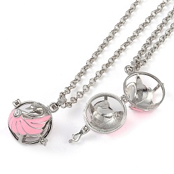 Flamingo Brass Enamel Pendant Necklaces, Iron Rolo Chains, Round with Footprint Pattern, Platinum, Flamingo, 31.77 inch(807mm)