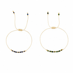 Piedra Mixta Pulseras ajustables de verano con cuentas redondas facetadas y trenzadas de piedra natural mixta para mujer., Pulseras apilables ajustables con cuentas de latón, dorado, 11.02 pulgada (28 cm), 2 PC / sistema
