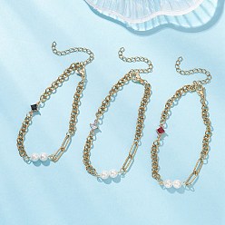 (52) Непрозрачная лаванда 3 шт. 304 браслеты-цепочки из нержавеющей стали с цепочками-скрепками и роллерами, Комплект браслетов из ракушечных бусин и латунного стекла в форме ромба для женщин, разноцветные, 7-5/8 дюйм (19.5 см), 3 шт / комплект