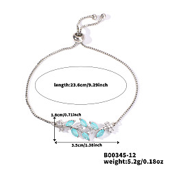 Синий Браслеты-слайдеры из латуни с микропаве и кубическим цирконием, браслеты с подвесками в виде листьев для женщин, платина, синие, 9-1/4 дюйм (23.6 см)