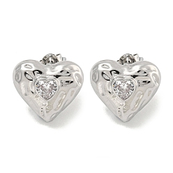 Platinum Heart Texture Brass Micro Pave Cubic Zirconia Stud Earrings for Women, Cadmium Free & Lead Free, Long-Lasting Plated, Platinum, 15.5x17mm