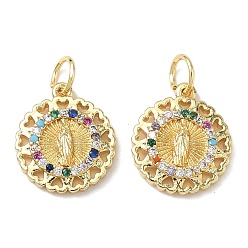 Плоский Круглый Подвески из латуни с кубическим цирконием на тему святой девы, с целью перехода в кольце, без свинца и без кадмия, долговечный, стойки покрытие, плоско-круглые, 14.5x12x2.5 мм, отверстие : 3 мм