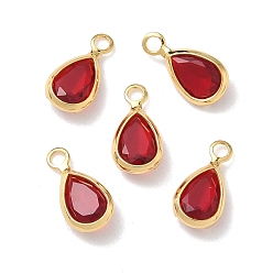 Красный Латунь стекло амулеты, слезинки, без никеля , граненые, реальный 18 k позолоченный, красные, 9x4.5x2 мм, отверстие : 1.4 мм