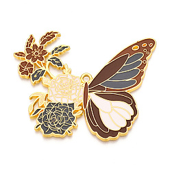 Сиена Подвески из эмалированного сплава с гальванопокрытием, без кадмия, без никеля и без свинца, бабочка с цветочными подвесками, золотые, цвет охры, 56x69.5x2 мм, отверстие : 2.5 мм