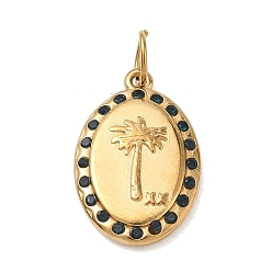 Bleu Marine 304 inoxydable micro en acier pavent pendentifs zircone cubique, ovale avec breloques en forme de cocotier, or, bleu marine, 20.5x13.5x3mm, Trou: 4.3mm